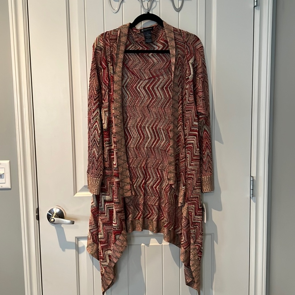 INC International Concepts Rust & Gold Zigzag Open-Front Cardigan